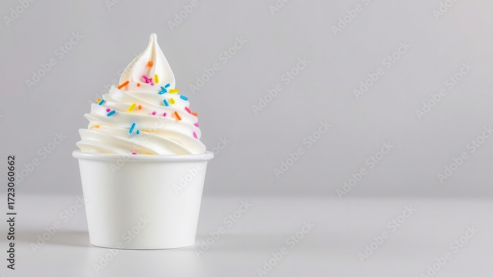 Obraz Frozen yogurt with colored crumbs in a disposable cup on a neutral surface. Bright emphasis on details and purity of the composition. Suitable for food photography.