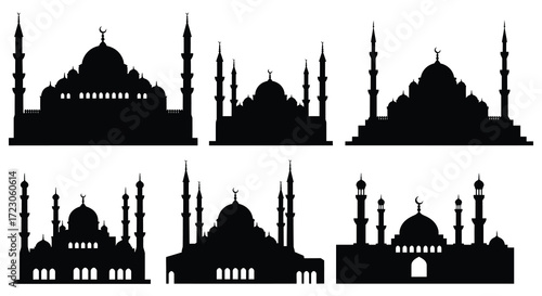 Collection of islamic mosque buildings in a dark striking silhouette
