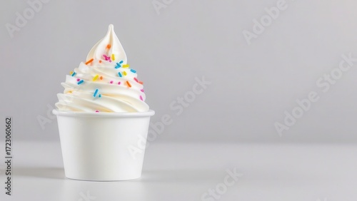 Frozen yogurt with colored crumbs in a disposable cup on a neutral surface. Bright emphasis on details and purity of the composition. Suitable for food photography.