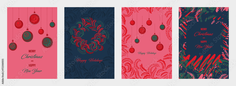 Fototapeta premium Vector Christmas and New Year templates with festive wreaths, ornaments, and foliage in red, green, and navy colors. Perfect for greeting cards, posters, and holiday designs