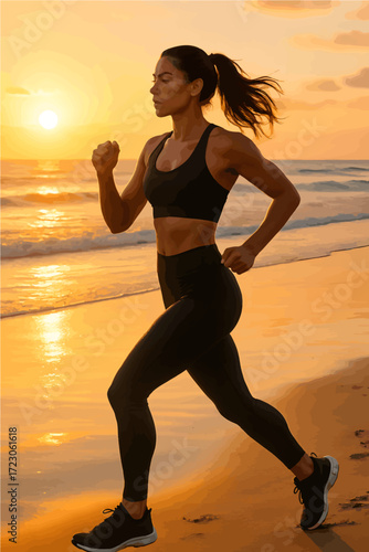 Fit woman running on beach at sunrise in sportswear