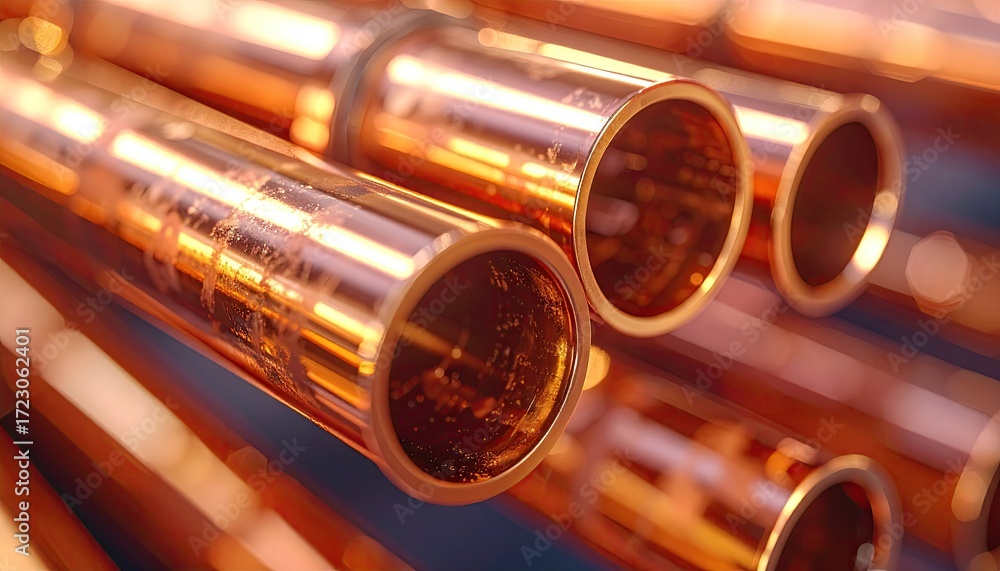 Naklejka premium Close Up of Copper Pipes with Glowing Daylight in Studio
