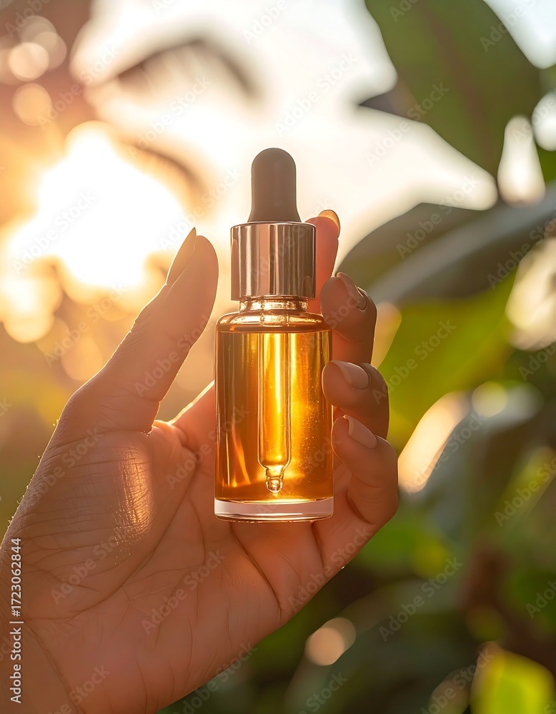Naklejka premium Hand holding a natural essence dropper bottle against a golden sunset, highlighting organic skincare