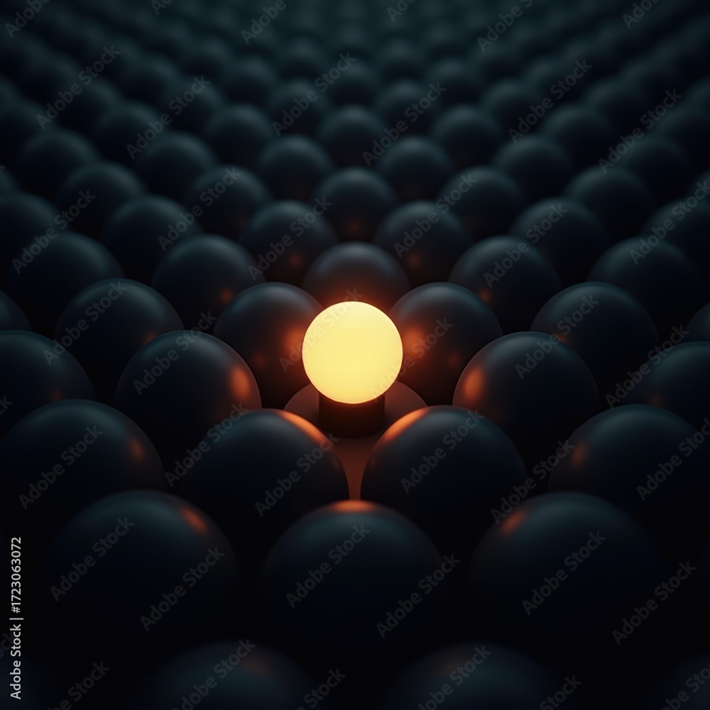 Obraz premium Single glowing sphere among dark spheres