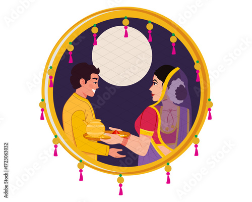 married couple doing Karwa Chauth moon puja festival of india vector illustration