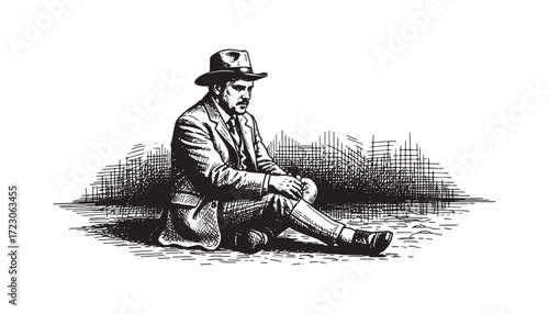 Vintage Sad Man Engraving Depressed Businessman or Detective Sitting Alone on the Ground Illustration

