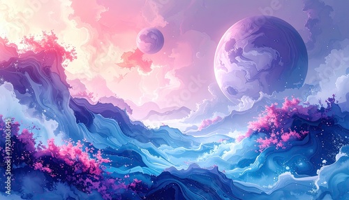 Pastel alien landscape, ethereal mountains, floating clouds