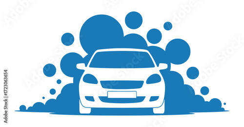 white car surrounded by blue bubbles, concept of car wash service, cleanliness, vehicle maintenance, and auto care advertisement design