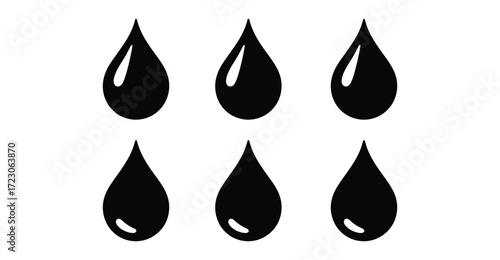 six black water droplet icons with white highlights, concept of hydration, fluid design, conservation, and liquid element illustration