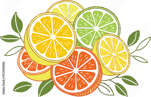 Vibrant citrus fruit slices arranged artistically vector illustration scalable eps for design