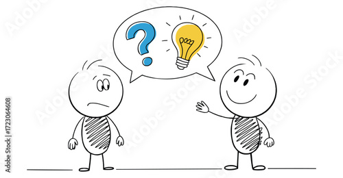 cartoon stick figures sharing ideas with question mark and light bulb, concept of problem solving, communication, and knowledge exchange