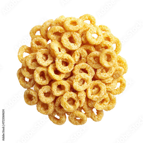 Round, golden-yellow cereal rings clustered tightly in a circular mound