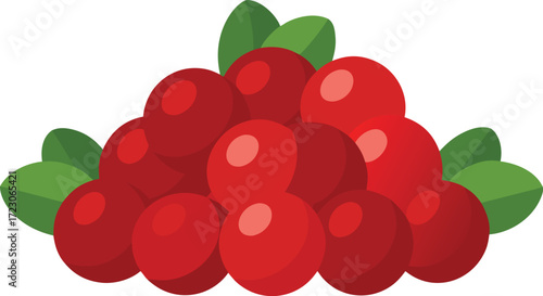 Vector illustration of a pile of fresh ripe red cranberries with green leaves scalable eps