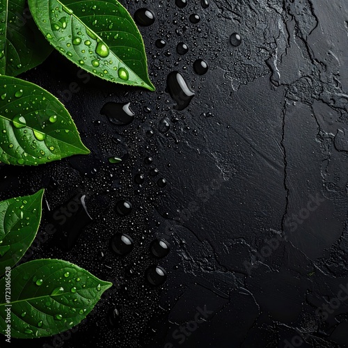 Fresh green leaves with water droplets on dark stone