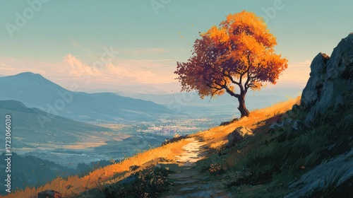 A solitary autumnal tree stands on a hilltop overlooking a valley bathed in the warm light of sunset, a tranquil path leading towards it