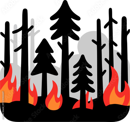 Minimalist Vector Illustration of Burnt and Scorched Pine Forest with Flames – Wildfire Disaster, Environmental Damage, and Climate Change Icon