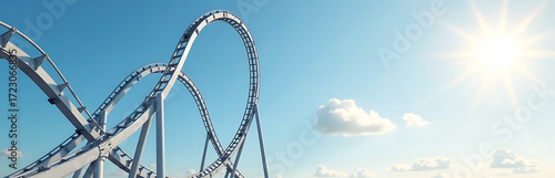 sleek silver roller coaster rises ground twisted track stretching bright blue horizon cloud sight bathed