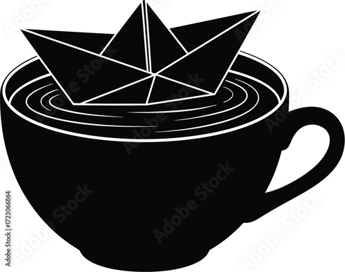 Black silhouette of a paper boat floating in a cup of coffee, symbolizing a journey or dream.