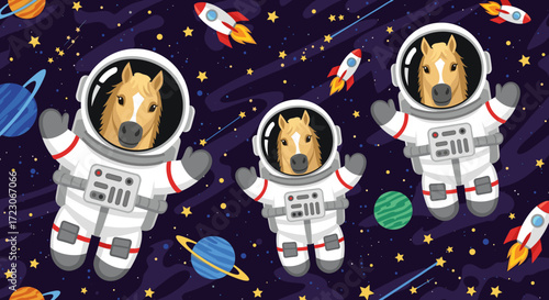 Cartoon horses in astronaut suits exploring space with rockets stars and planets Fun adventure