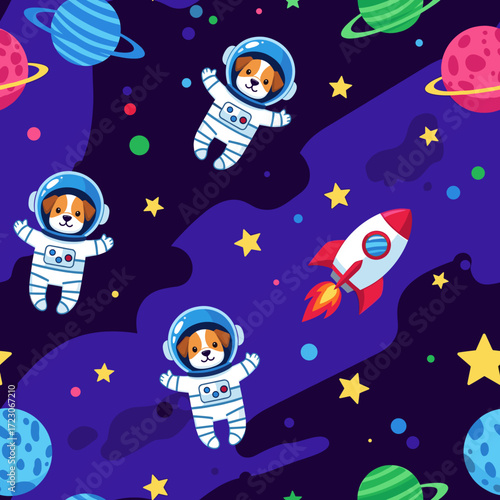 Cute astronaut dogs explore a colorful cosmos with planets and stars Fun playful space adventure