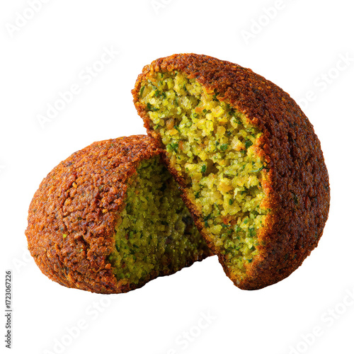 Two halves of a falafel, golden-brown exterior, vibrant green interior