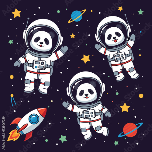 Panda astronauts explore space with stars planets and a rocket Fun for kids