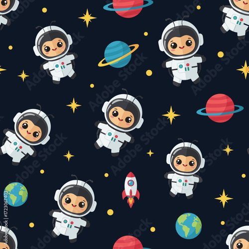 Cute cartoon astronauts planets stars and rocket in a vibrant space adventure pattern