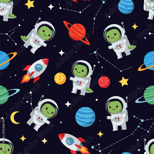 Playful dinosaur astronauts explore starry space with planets and rockets Kids imagination