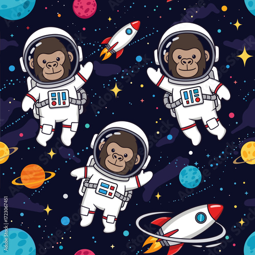 Cartoon monkeys in astronaut suits explore colorful outer space with planets and rockets Fun childish adventure