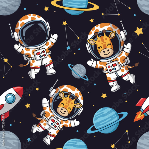Smiling giraffe astronauts exploring space with planets and rockets Joyful cosmic adventure