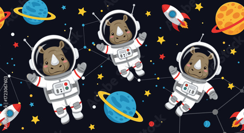 Cartoon rhino astronauts explore a whimsical outer space with planets rockets and stars Fun adventure