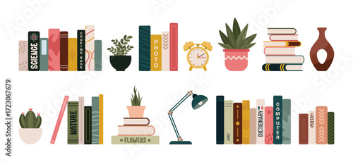 Hand drawn flat design book clutter plants