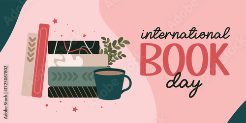 Cute international book day horizontal banner in pink