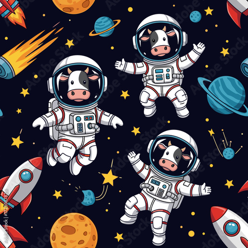 Adorable cartoon astronaut cows float among planets rockets and stars in a fun space pattern