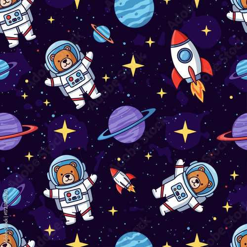 Whimsical seamless pattern Cute astronaut bears planets and rockets explore outer space