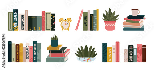 Hand drawn flat design book clutter plants