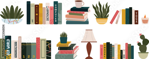 Hand drawn flat design book clutter plants