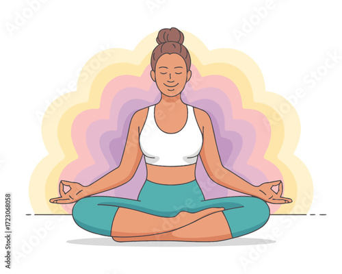 Woman meditating in lotus pose with colorful aura