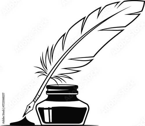 Classic quill pen and inkwell with a drop of ink