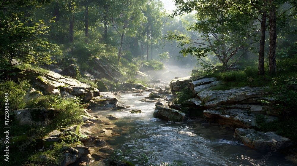 Obraz premium Sunlight filtering through a lush green forest onto a flowing mountain stream