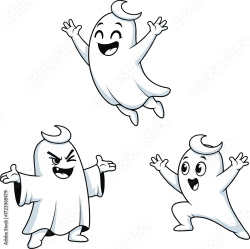 Three playful cartoon ghost characters with expressive faces and dynamic poses, fun Halloween illustration for children, spooky yet friendly vector design