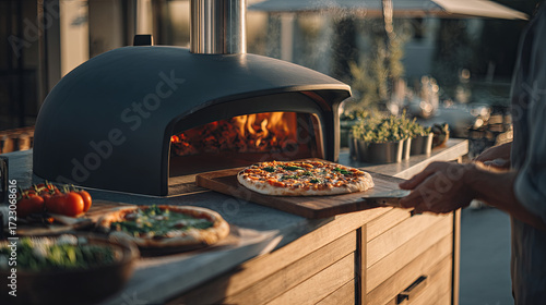 Person pulls a steaming wood-fired pizza from an outdoor stone oven at dusk, highlighting homemade cooking, backyard entertaining and al fresco summer dining with friends