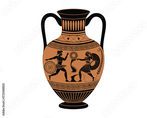 Ancient greek amphora with black figure painting of warriors