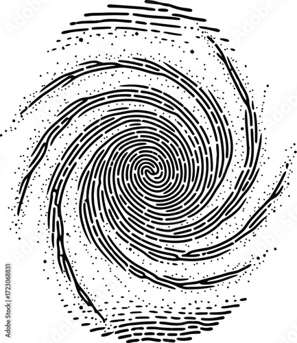 Abstract black and white swirling vortex pattern with dotted textures