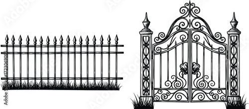 Elegant wrought iron fence and ornate decorative gate with floral scrollwork, classical pillars, pointed finials, and grass base illustration vector