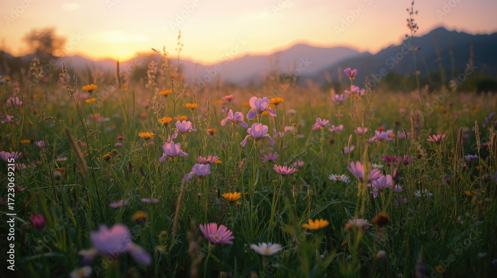 Naklejka premium A vibrant meadow bursts with a profusion of wildflowers, bathed in the soft light of a golden sunset, creating a peaceful and serene scene against a backdrop of rolling hills.