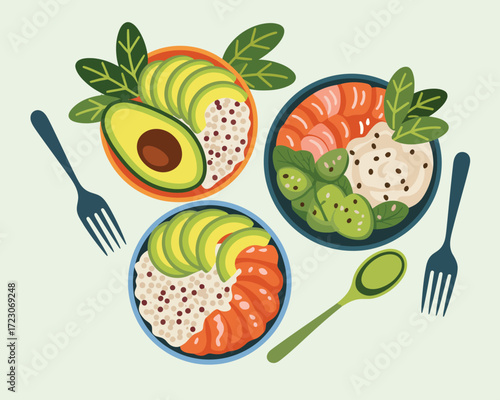 Healthy and delicious poke bowls with fresh ingredients