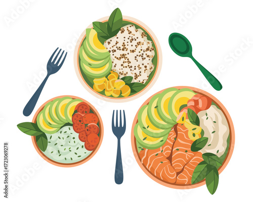 Healthy and delicious poke bowls with fresh ingredients and utensils