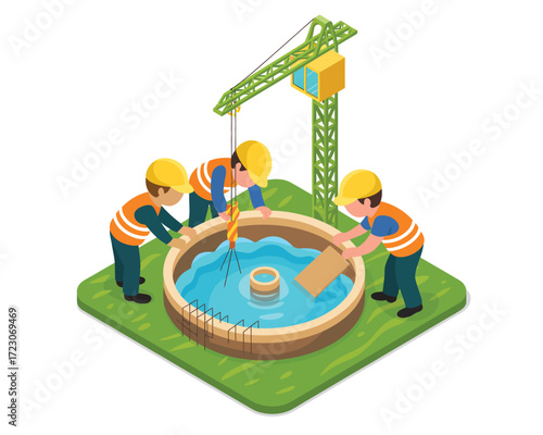 Construction workers building a swimming pool with a crane