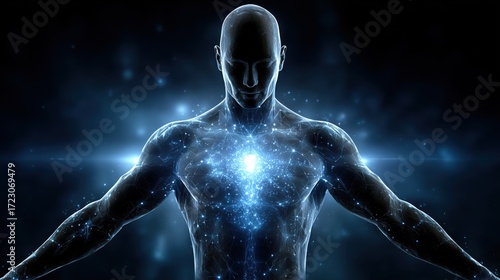 Mystical glowing human silhouette with radiant heart and digital particles on dark background. Symbol of spirituality, harmony, meditation, inner energy, and balance of mind and body